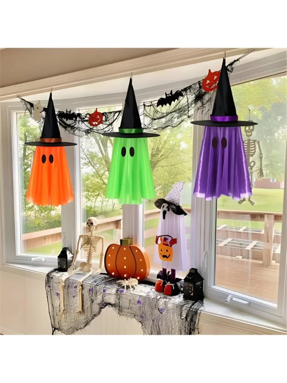 3 Pack Light-up Halloween Hanging Witch Ghost Decor Outdoor